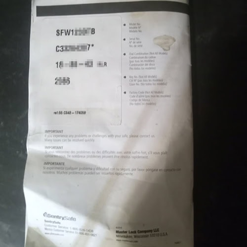 Example #3 of real world hardcopy Sentry Safe manual
