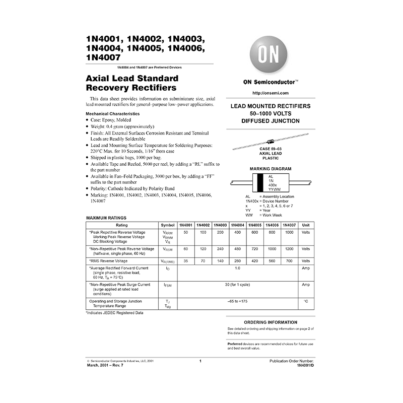 1N4004 ON Semiconductor 400V 1A Axial Lead Standard Recovery Rectifier Data Sheet