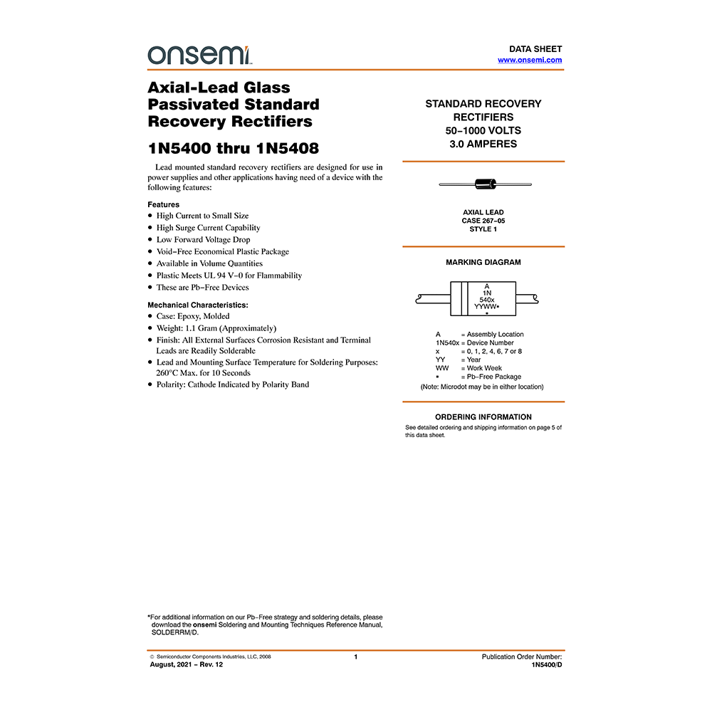 1N5400 onsemi 3A 50V Rectifier Data Sheet