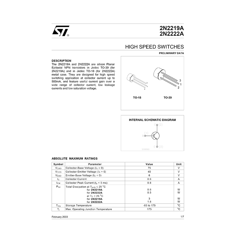 2N2219A ST Silicon Planar Epitaxial NPN Transistor Data Sheet