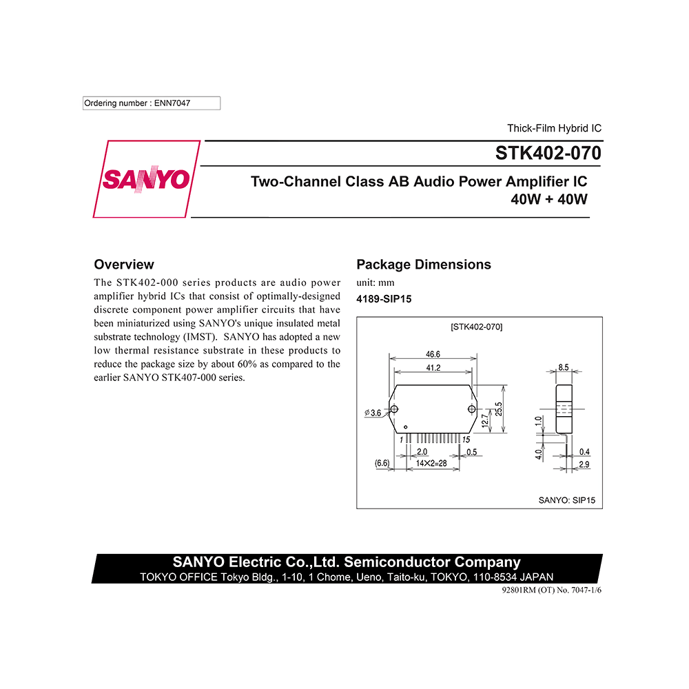 STK402-070 Sanyo Two-Channel Class AB Audio Power Amplifier IC 40W+40W Data Sheet
