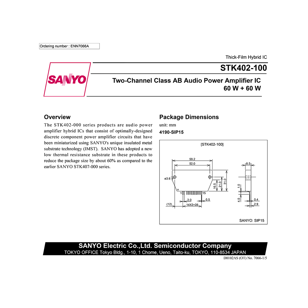 STK402-100 Sanyo Two-Channel Class AB Audio Power Amplifier IC 60W+60W Data Sheet