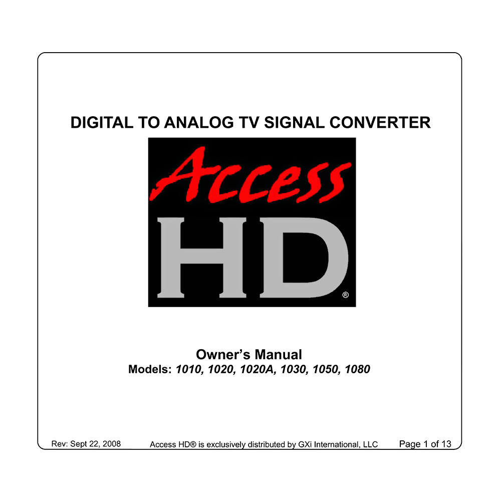 Access HD DTA1020A ATSC Digital Converter Box Owner's Manual