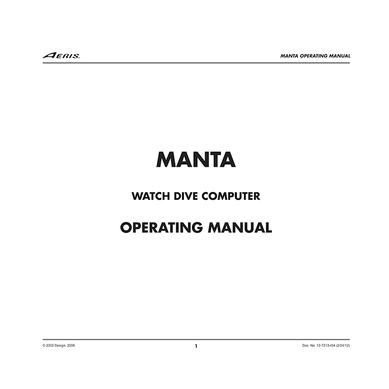 Aeris Manta Watch Dive Computer Operating Manual