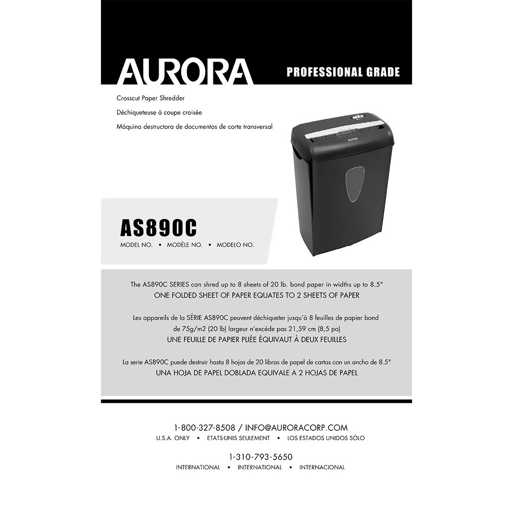 AS890C Aurora 8-sheet CrossCut Shredder Operating Instructions