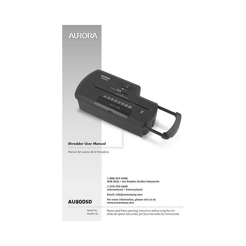 AU800SD Aurora 8-sheet Strip-cut Paper/CD/Credit Card Shredder User Manual