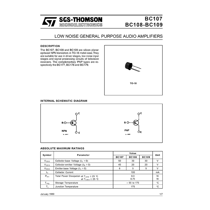 BC109 SGS-THOMSON Transistor Data Sheet