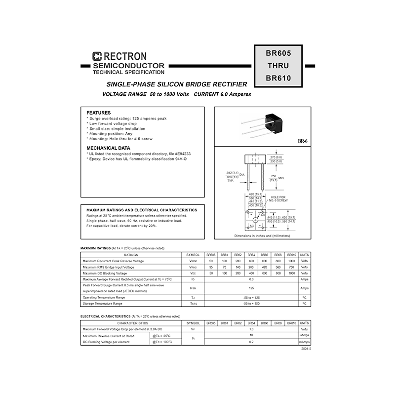 BR68 Rectron 800V 6A Bridge Rectifier Data Sheet