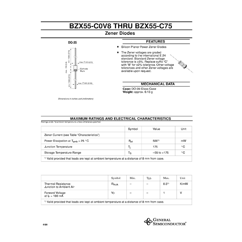 BZX55-C3V0 General Semiconductor 3V Zener Diode Data Sheet