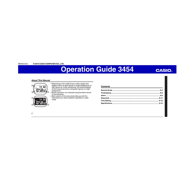 Casio W217H Digital Watch (Module 3454) Operation Guide