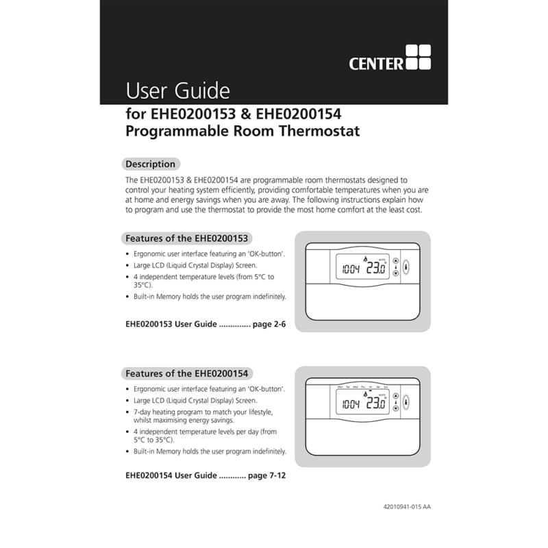 Center CB 7 Day Programmable Room Thermostat 340016 User Guide