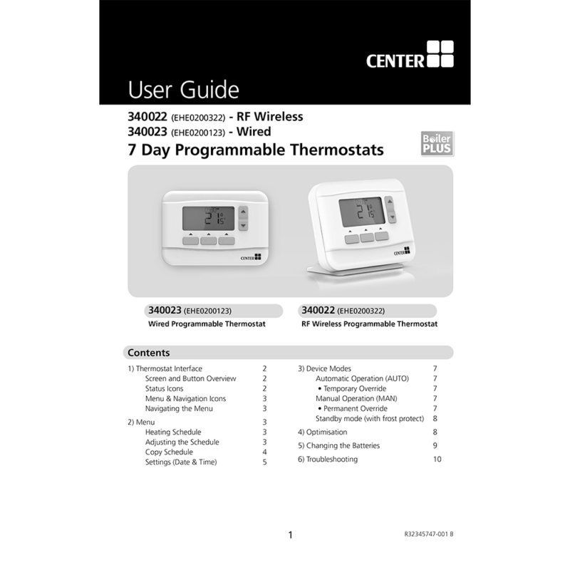 Center CB RF wireless 7-day Programmable Room Thermostat 340022 User Guide