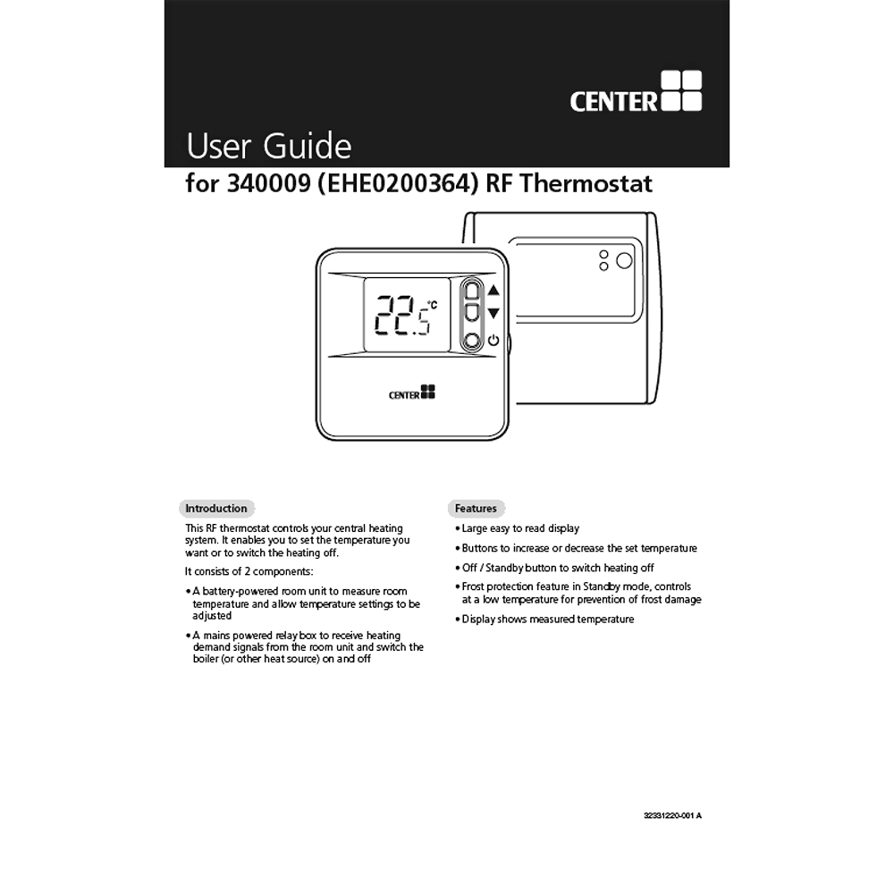 Center CB RF wireless Non-Programmable Room Thermostat 340009 User Guide