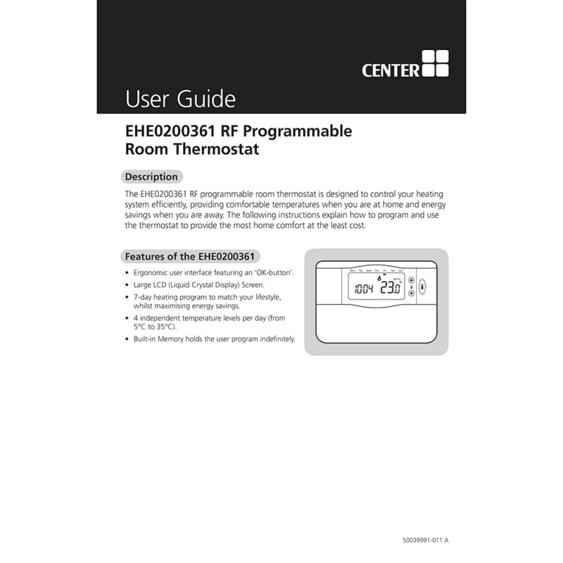 Center CB RF wireless Programmable Room Thermostat 340010 User Guide