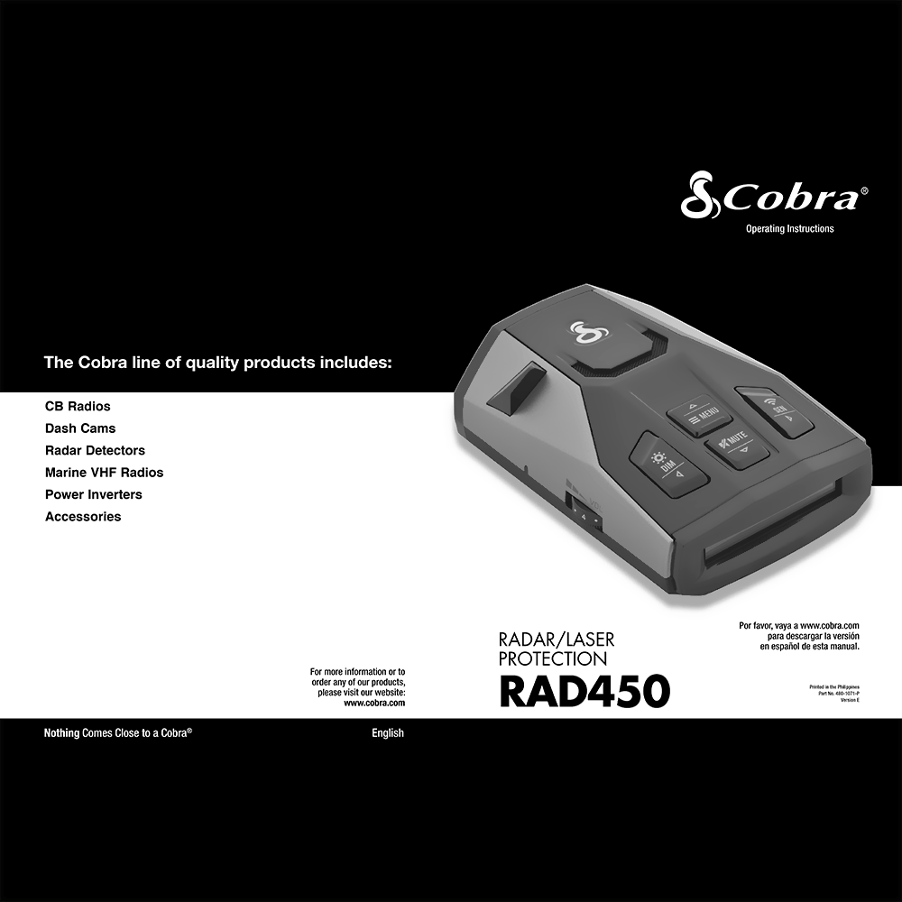 Cobra RAD 450 Radar/Laser Detector Operating Instructions