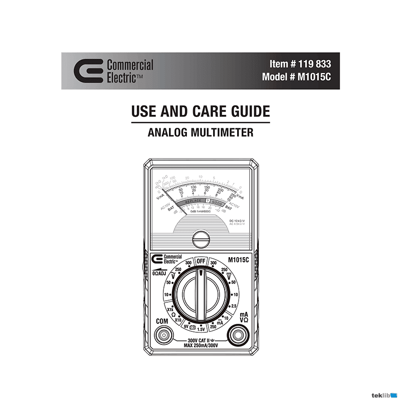 Commercial Electric # M1015C Analogue Multimeter # 119833 Use and Care Guide