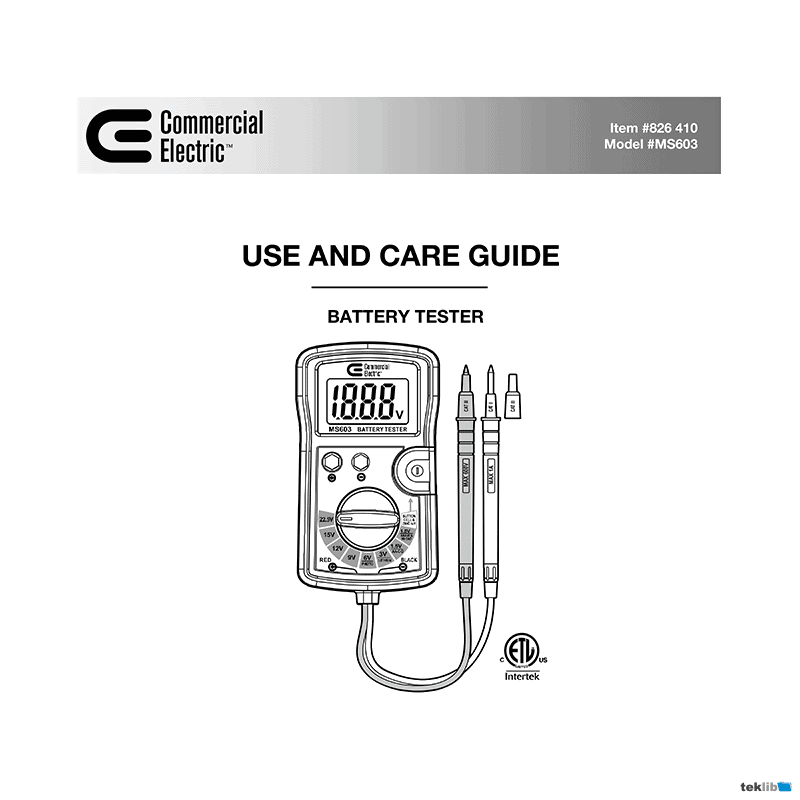 Commercial Electric # MS603 Battery Tester # 826410 Use and Care Guide