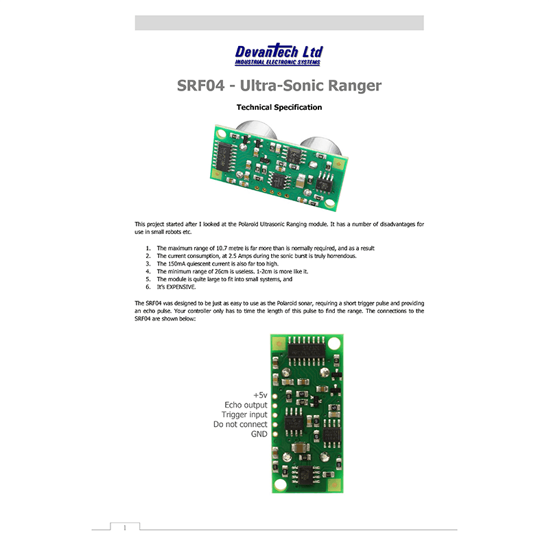 SRF04 Devantech Ultra-Sonic Ranger Technical Specification