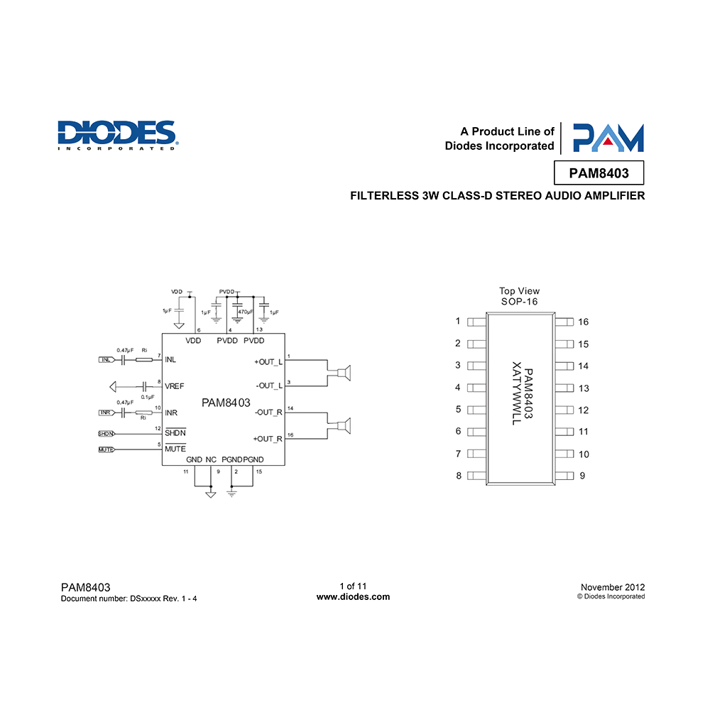 PAM8403 Diodes 3W Stereo Audio Amplifier Data Sheet