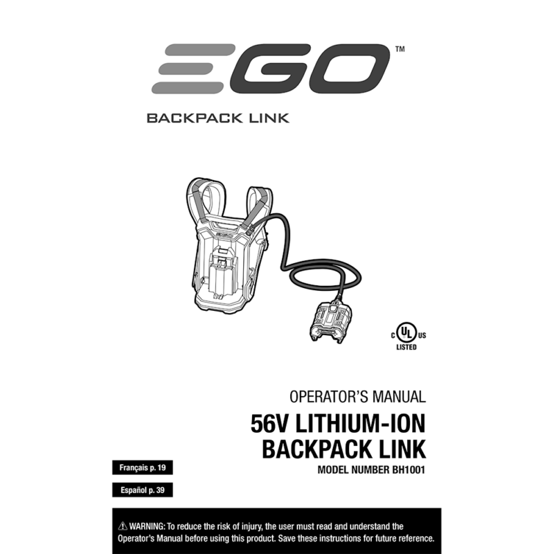 EGO BH1001 Power+ Backpack Link Operator's Manual