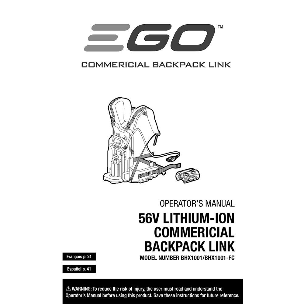 EGO BHX1001 Commercial Backpack Link Operator's Manual