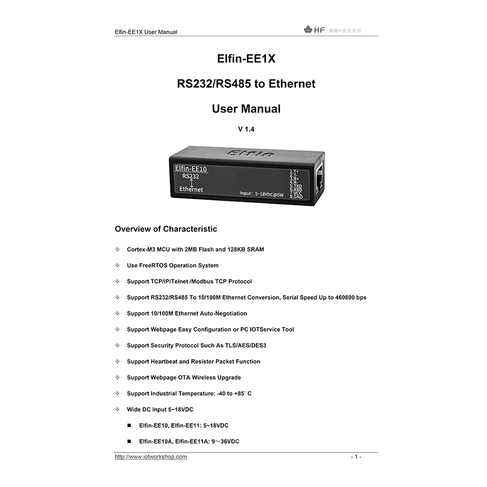Elfin-EE10 RS232/Ethernet Converter User Manual and Operation Guide