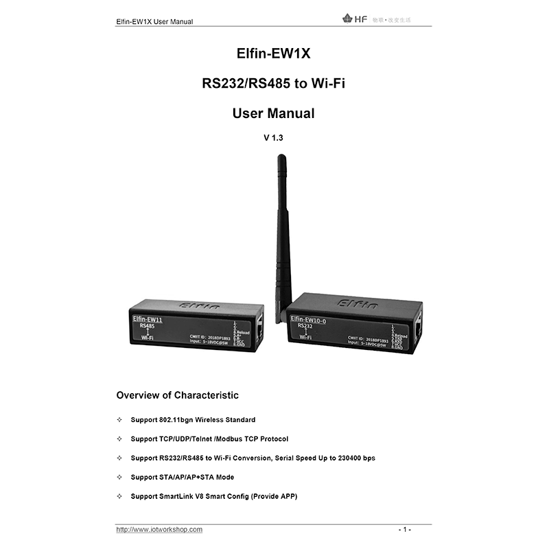 Elfin-EW11 RS-485/Wi-Fi Converter User Manual and Operation Guide