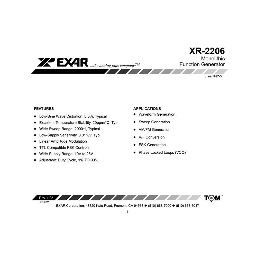 XR-2206 Exar Monolithic Function Generator Data Sheet