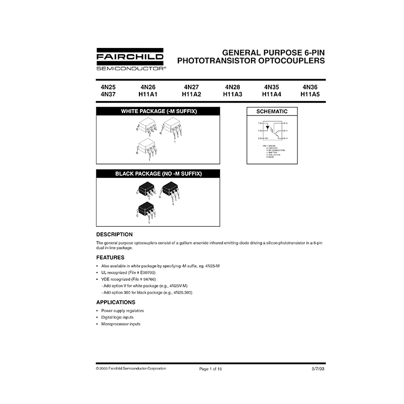 4N26 Fairchild Phototransistor Optocoupler Data Sheet