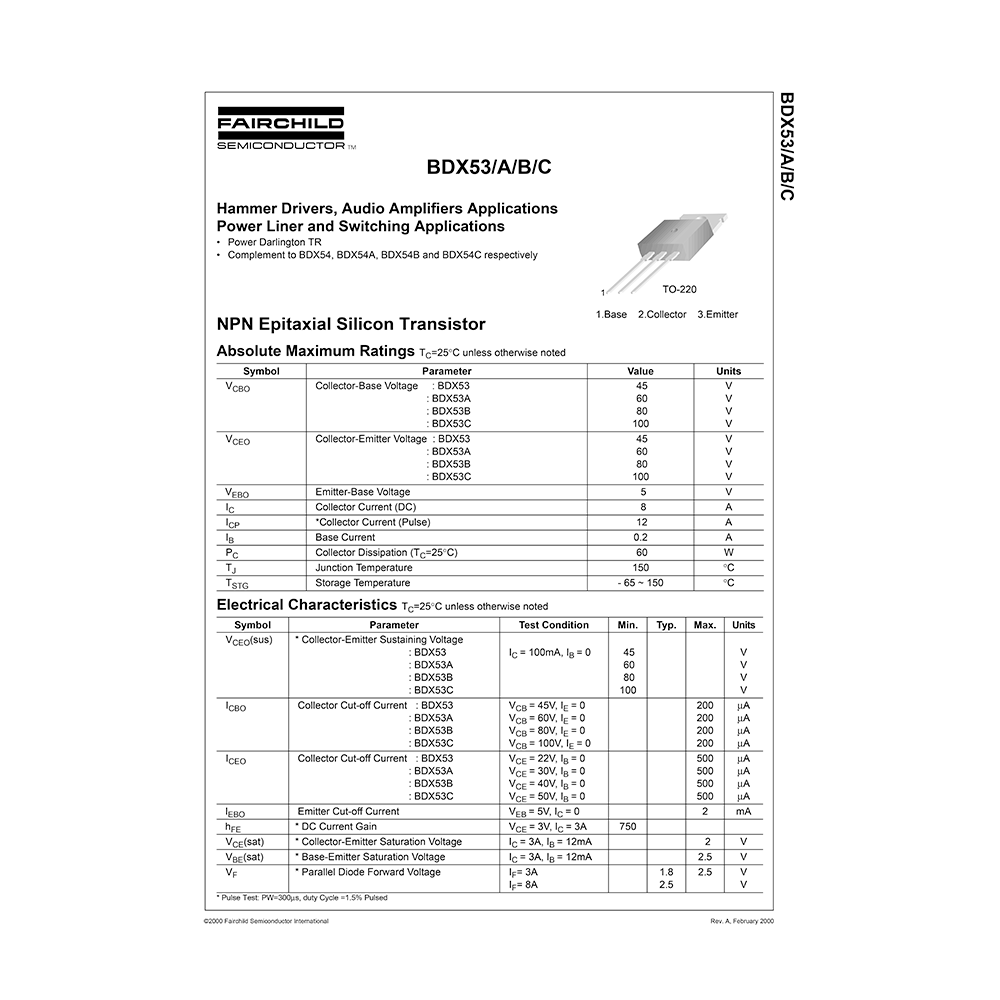 BDX53 Fairchild NPN Transistor Data Sheet