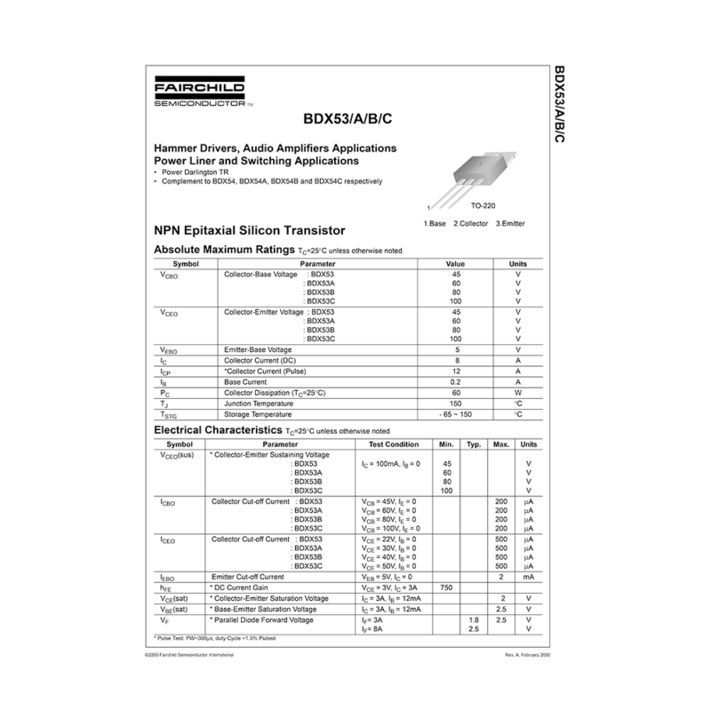 BDX53C Fairchild NPN Transistor Data Sheet