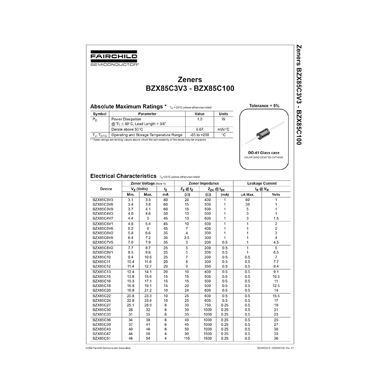 BZX85C33 Fairchild 33V Zener Diode Data Sheet