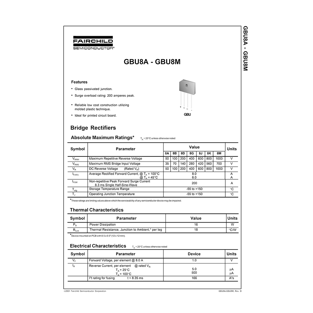 GBU8M Fairchild 8A 1000V Bridge Rectifier Data Sheet