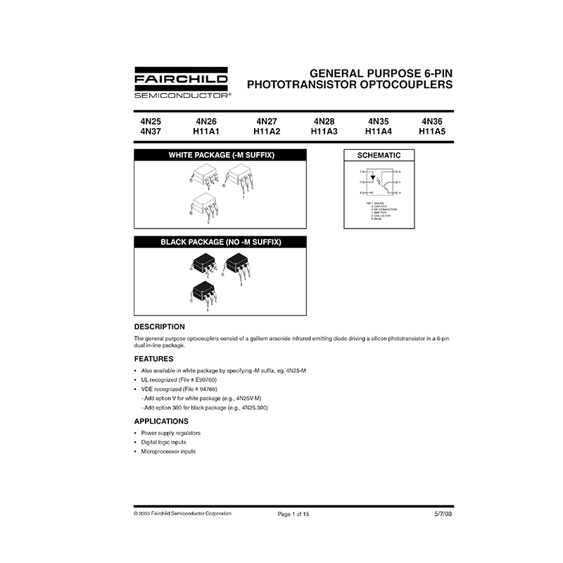 H11A2 Fairchild Phototransistor Optocoupler Data Sheet