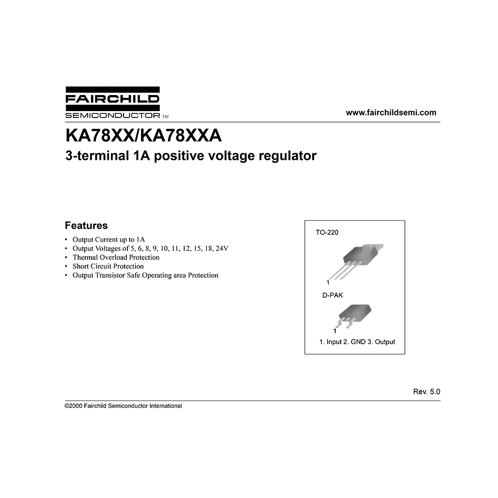 KA7805A Fairchild 3-terminal 5V 1A Positive Voltage Regulator Data Sheet