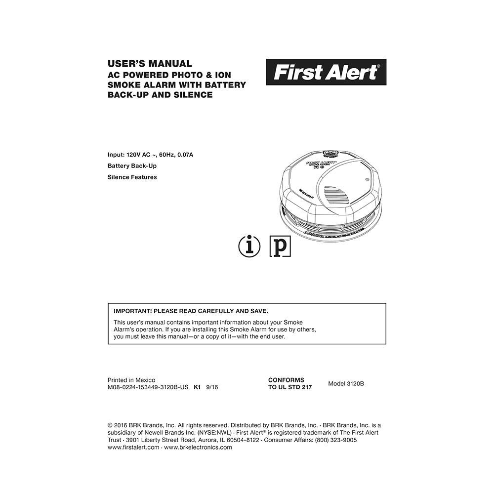 First Alert 3120B Hardwire Dual Sensor Smoke Alarm User's Manual