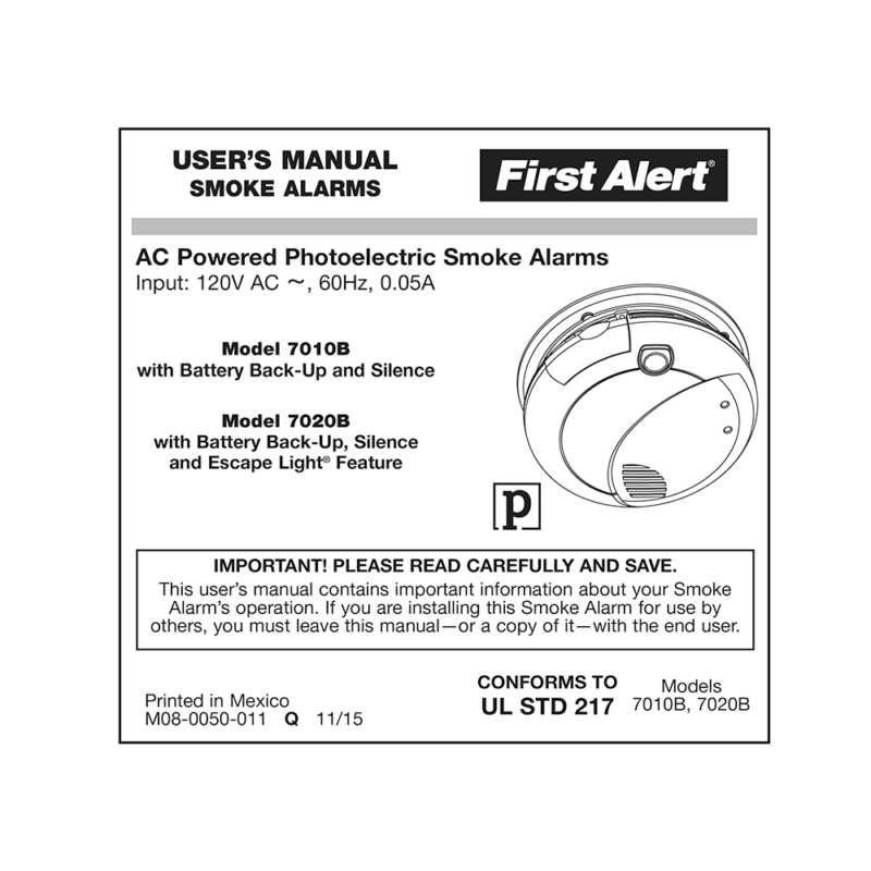 First Alert 7020B Hardwired Photoelectric Smoke Alarm User's Manual