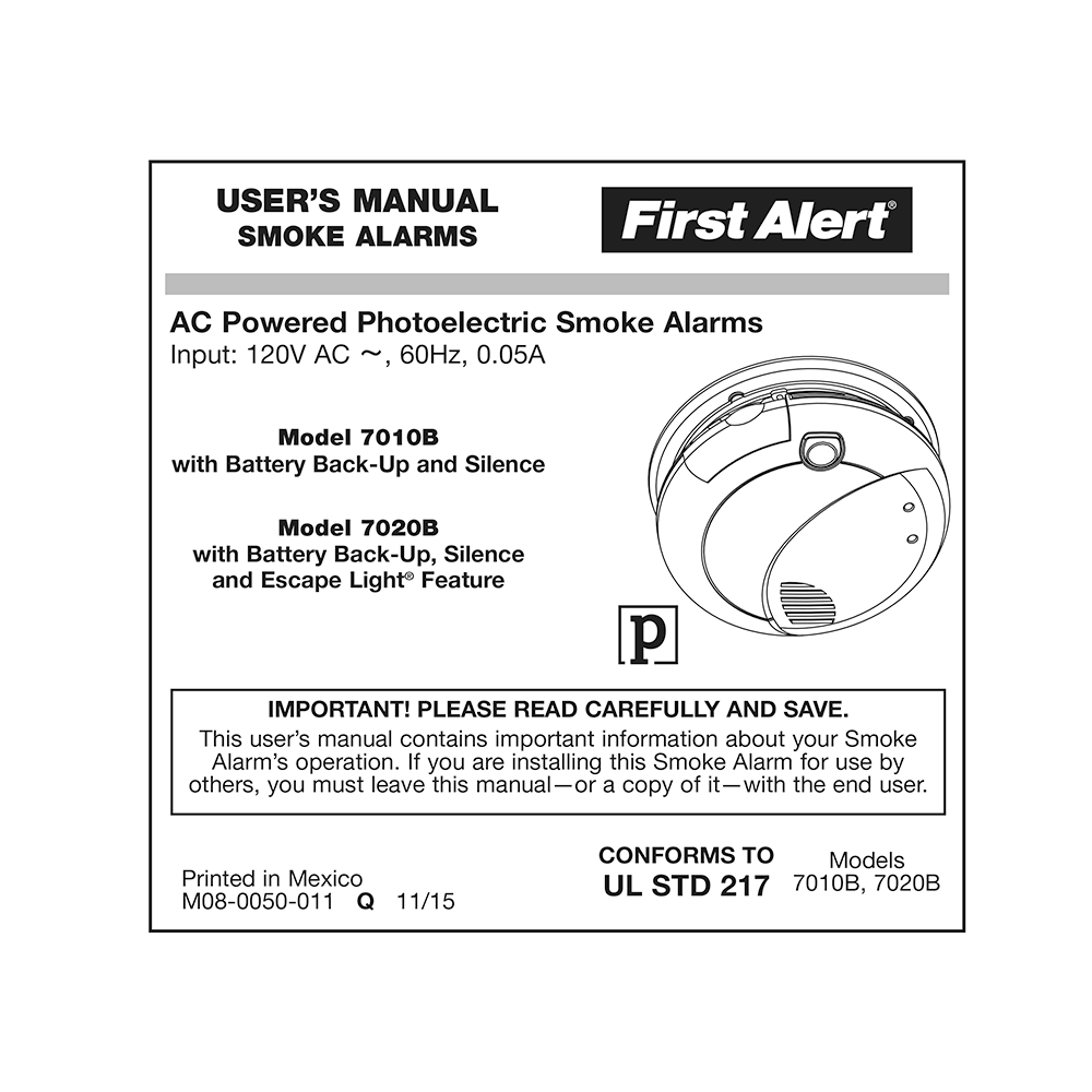 First Alert 7020B Hardwired Photoelectric Smoke Alarm User's Manual