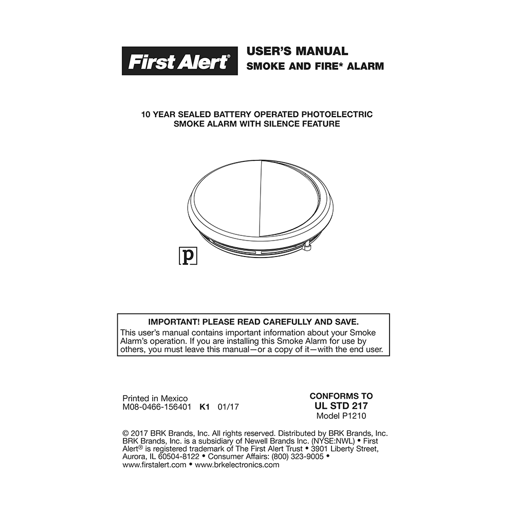 First Alert P1210 Smoke Alarm User's Manual