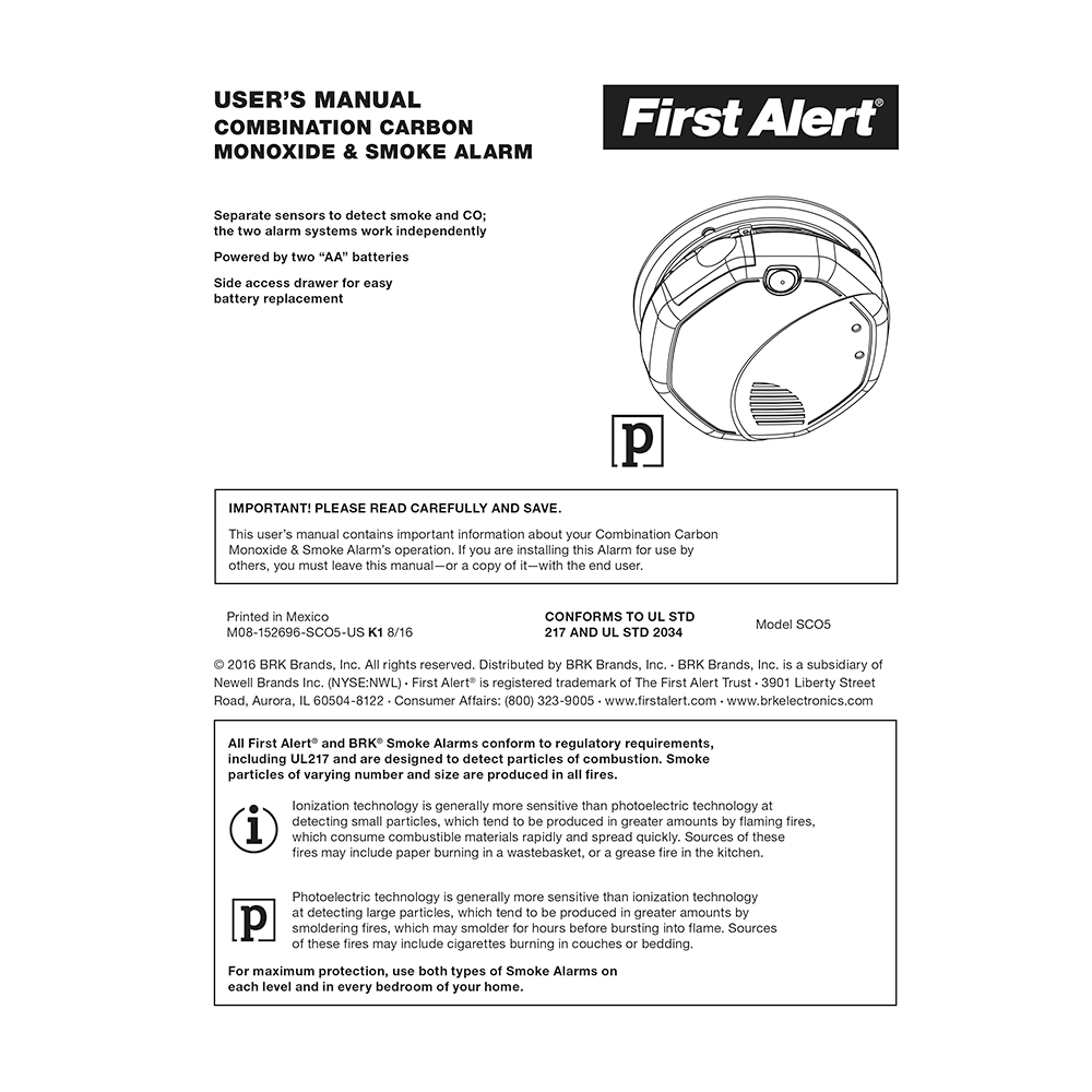 First Alert SCO5 Combination Carbon Monoxide and Smoke Alarm User's Manual