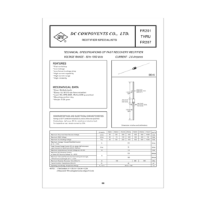 FR203 DC Components 2A Fast Recovery Rectifier Data Sheet