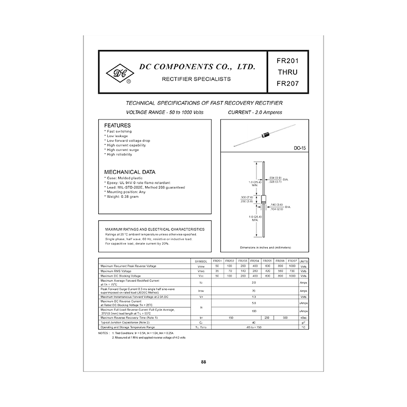 FR207 DC Components 2A Fast Recovery Rectifier Data Sheet