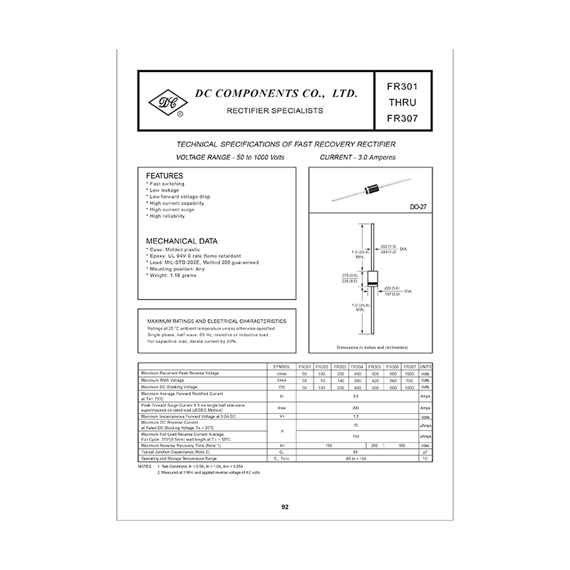 FR306 DC Components 3A Fast Recovery Rectifier Data Sheet