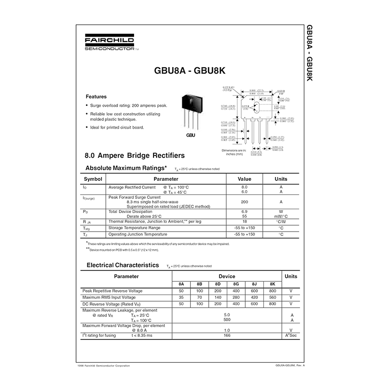 GBU8A Fairchild 8A 50V Bridge Rectifier Data Sheet