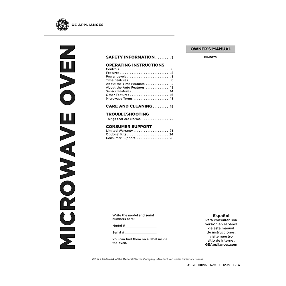 GE JVM6175DKBB Over-the-Range Microwave Oven Owner's Manual