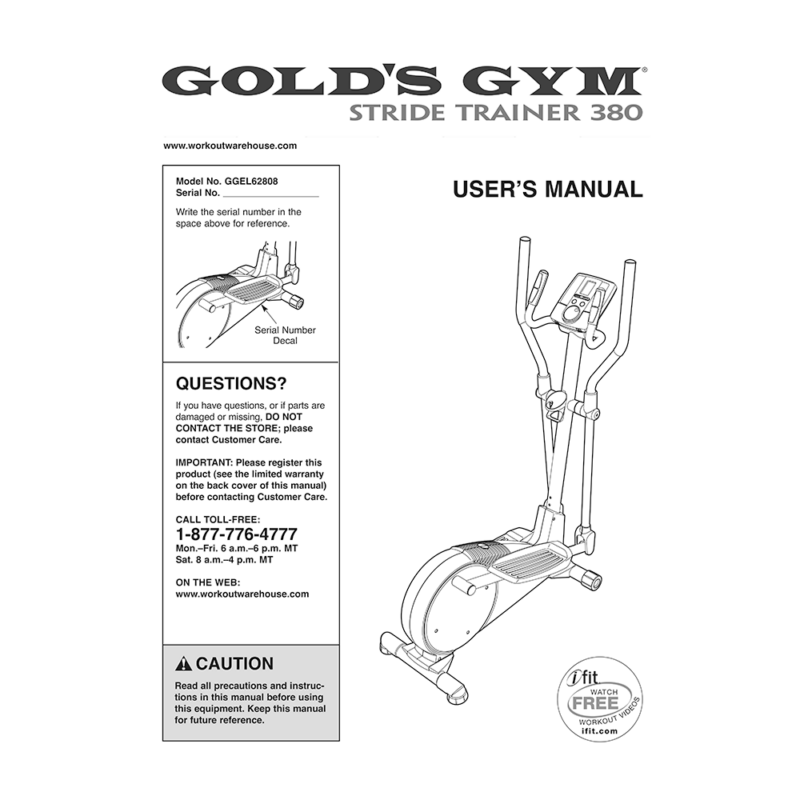 Gold's Gym Stride Trainer 380 Elliptical GGEL62808 User's Manual