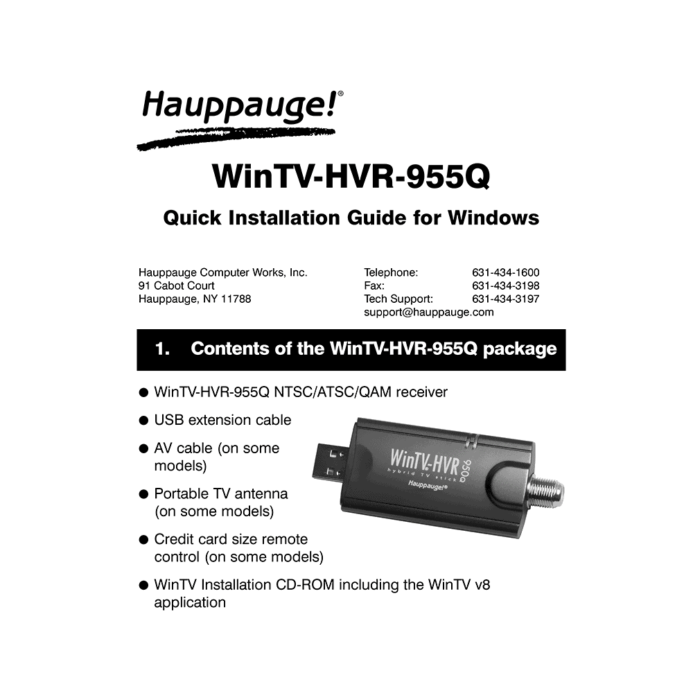 Hauppauge WinTV-HVR-955Q NTSC/ATSC/QAM Receiver Installation Guide (v5 2014)