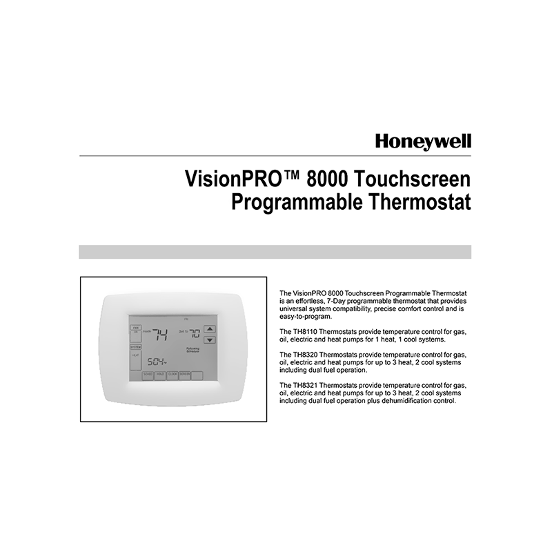 Honeywell TH8320U1008 VisionPRO 8000 Touchscreen 7-day Programmable Thermostat Datasheet/Operating Manual/Installation Guide