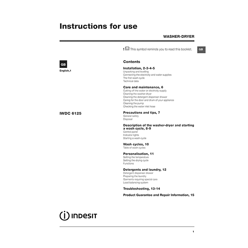 Indesit IWDC 6125 (UK) Washer-Dryer Instruction Manual