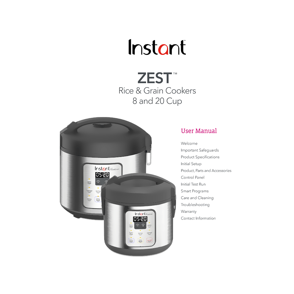 Instant Zest 8-cup Rice and Grain Cooker User Manual